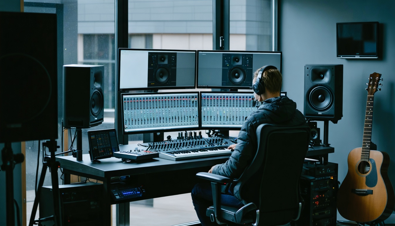 Producer achter een mengpaneel die muziekproducties maakt in een Nederlandse studio