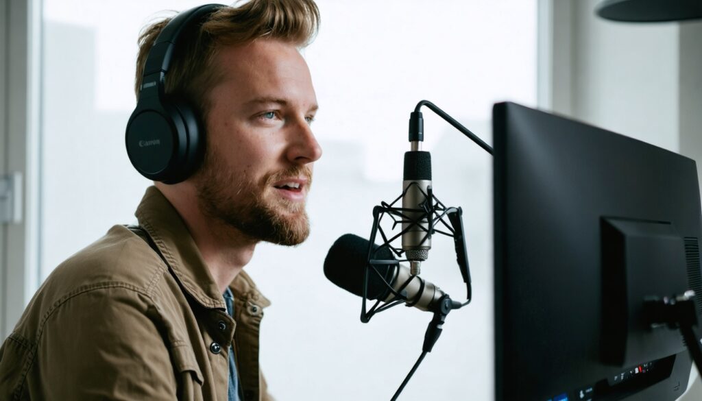 Close-up van een radiopresentator in een Nederlandse studio die rustig in de microfoon spreekt